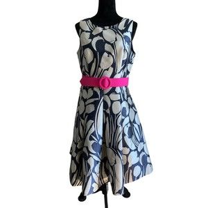 Eliza J Dress Sleeveless Pink Belted Metallic Print Midi Scoop Neck Zipper EUC